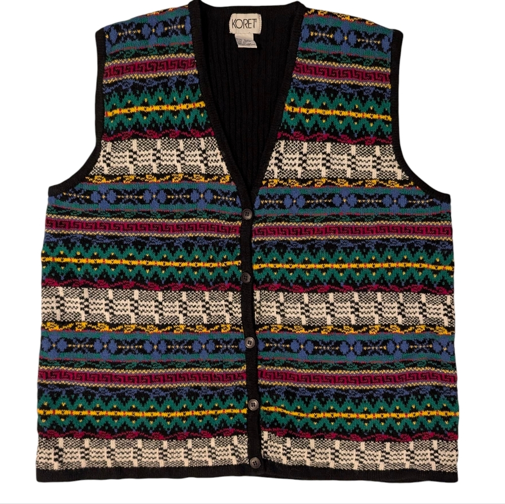 Vintage 90s Koret mixed pattern, V-neck, button up cardigan sweater vest. 1X - Picture 5 of 13